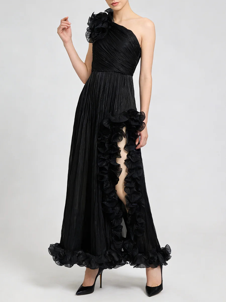 Black Spliced Fungus Folds Irregular Long Dress