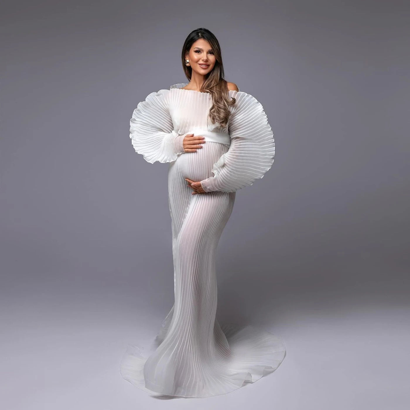 Gorgeous White Pleated Maternity  Photoshoot Dress