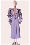 Long Ruffled Purple Leather Trench Coat