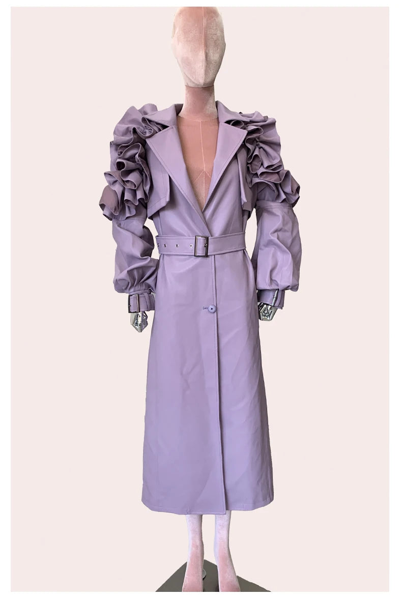 Long Ruffled Purple Leather Trench Coat