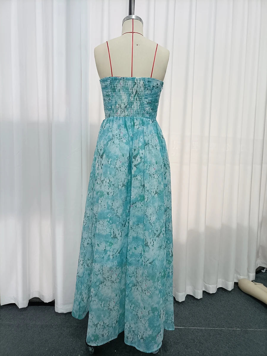 Blue Loose Spliced Flowers Dresses
