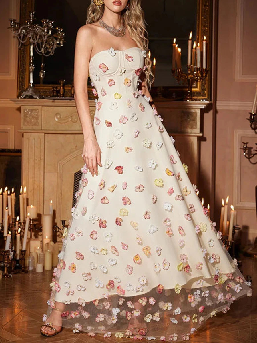 Spliced 3D Flower Strapless Dress