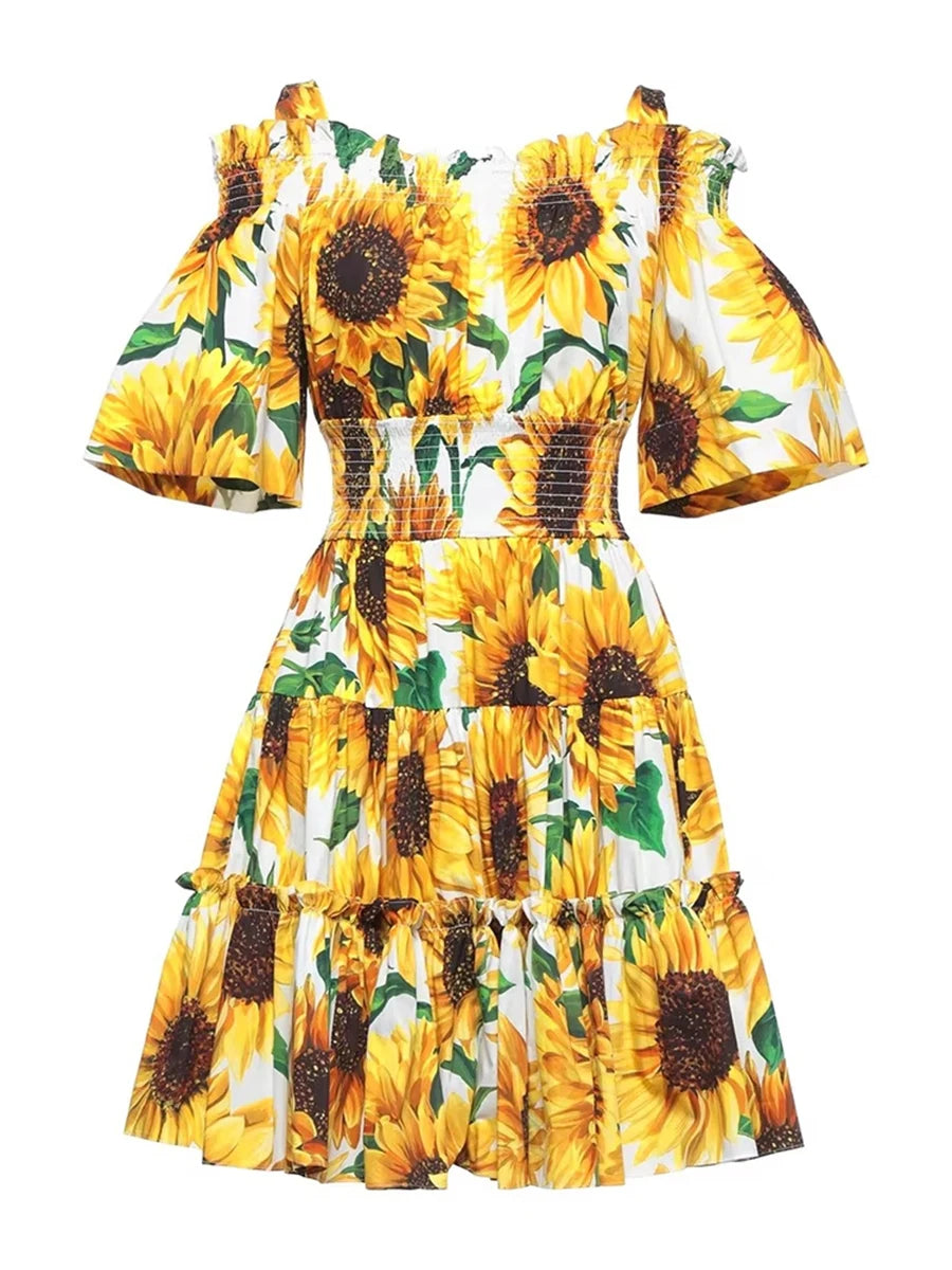 Sunflower Print Folds Dresses