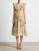 Printing Spliced Ruffles Folds Long Dresses