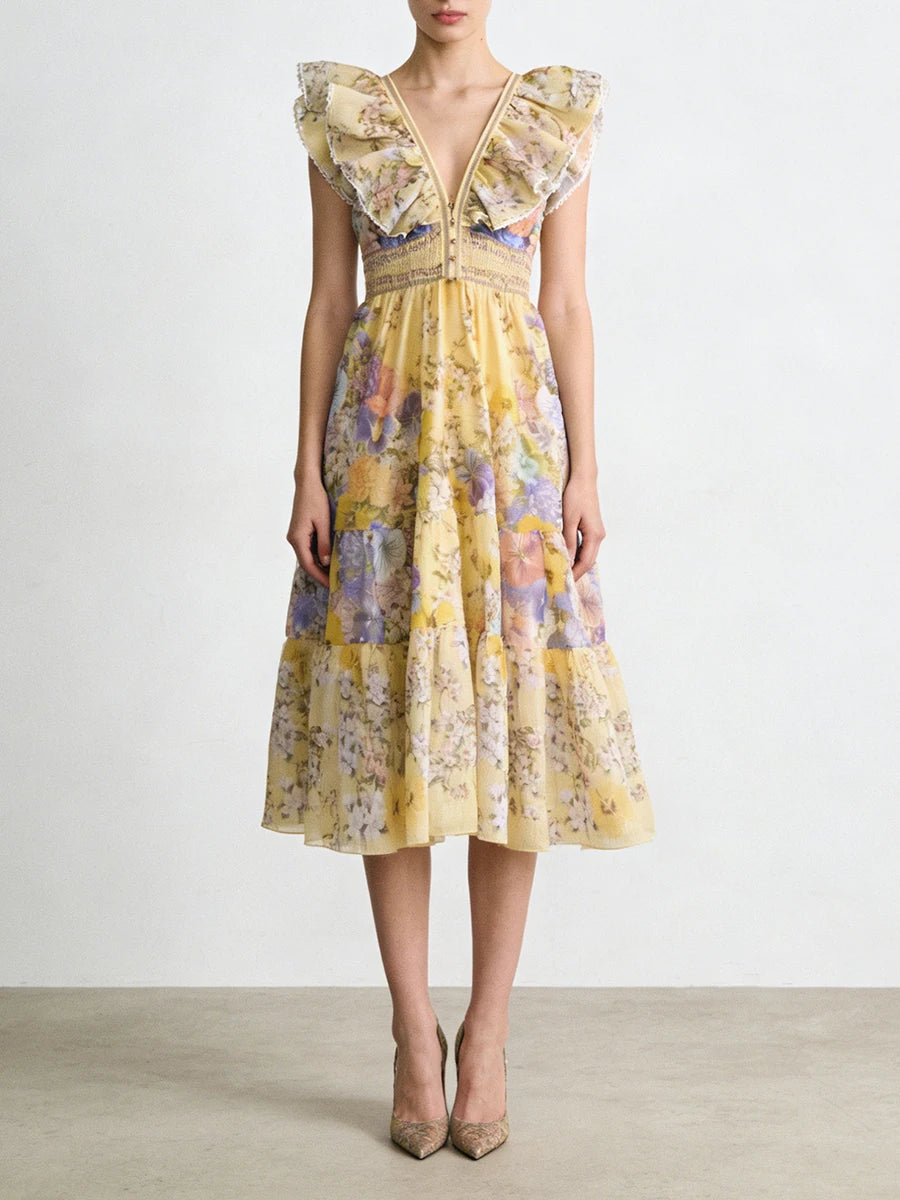 Printing Spliced Ruffles Folds Long Dresses