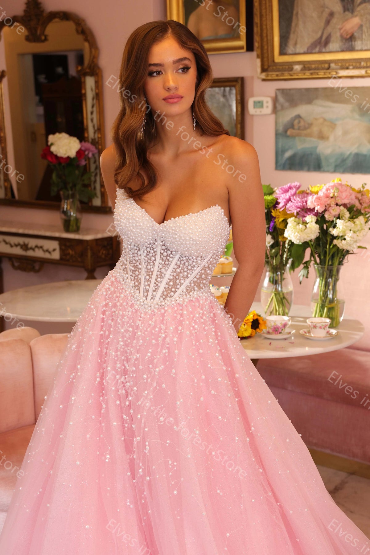 Romantic and Luxury Pearls Sleeveless Tulle Evening Gowns