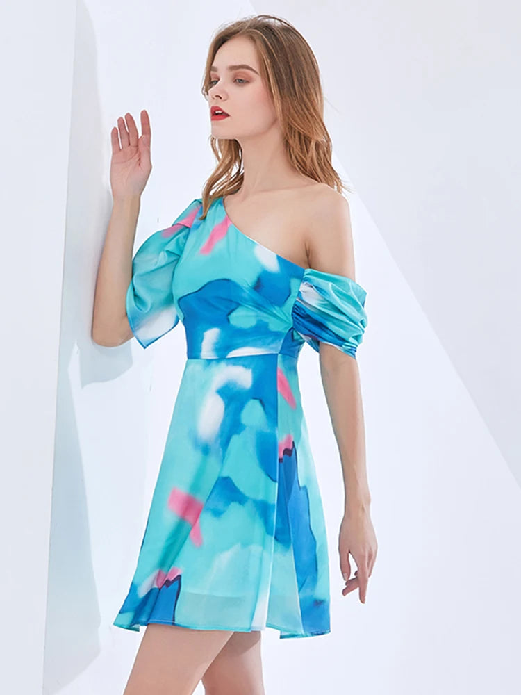 Asymmetrical Print Color Block Mini Dress