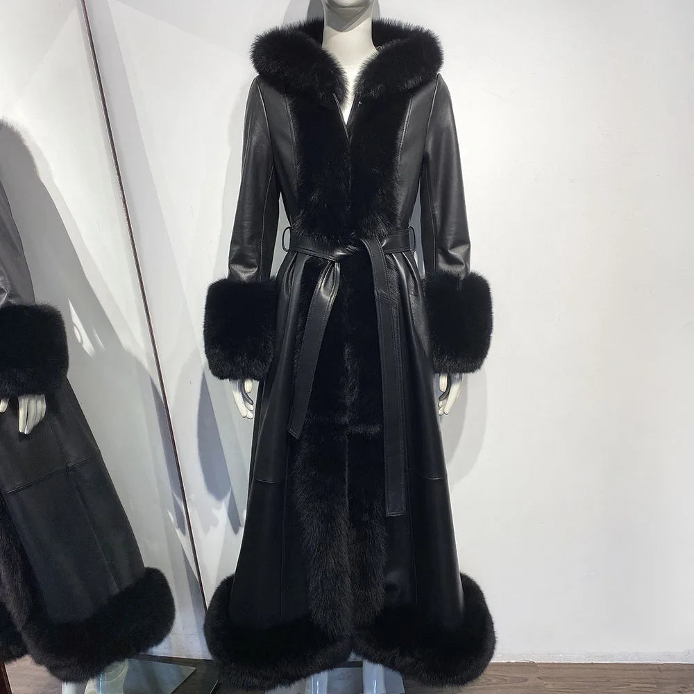 Fur Collar Hooded Leather Trench Coat