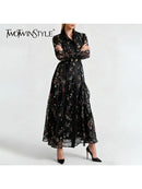 Printed Sheer Spliced Belt  Dresses