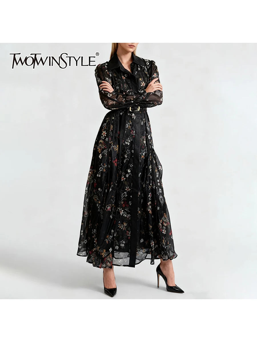 Printed Sheer Spliced Belt  Dresses