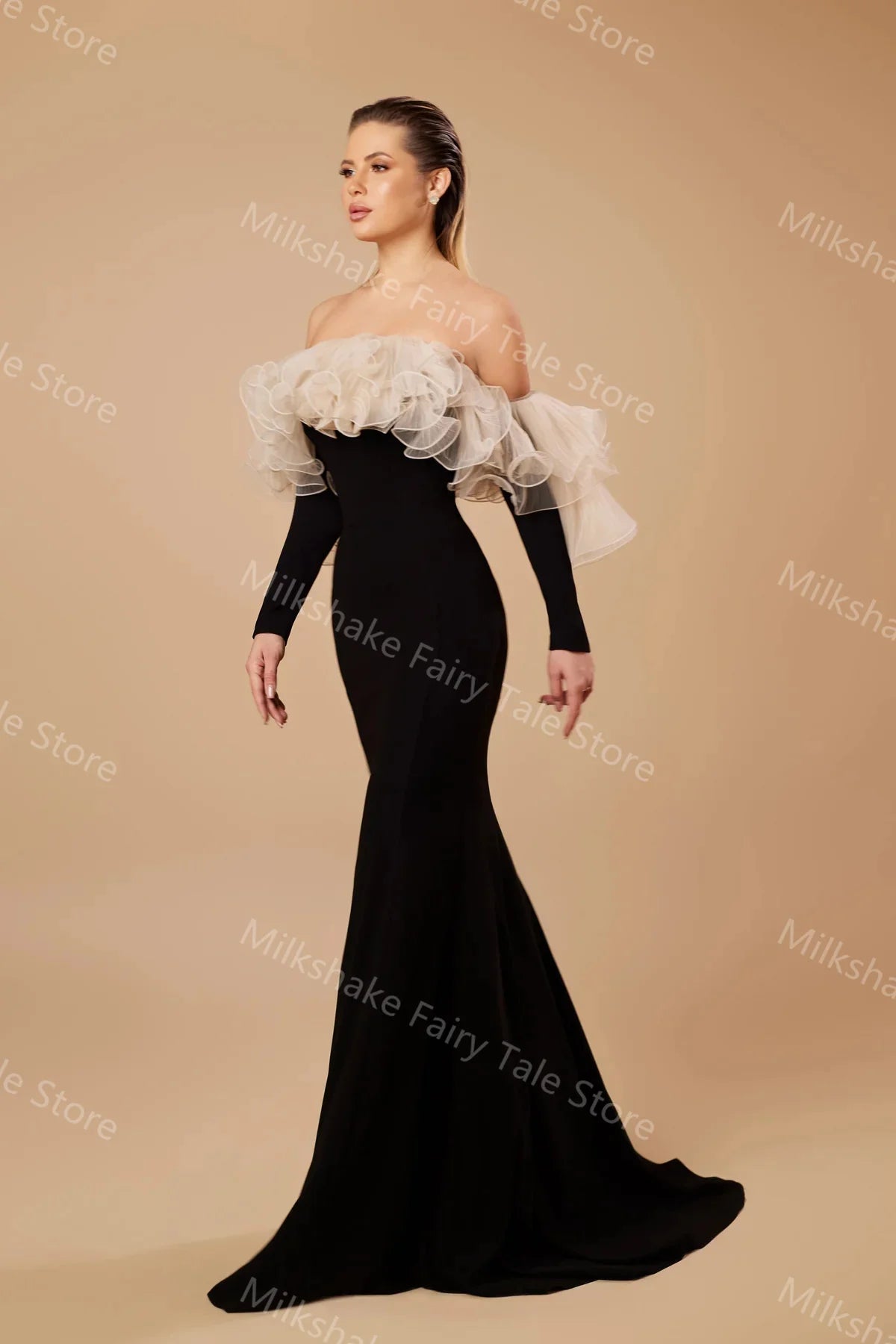 Black Evening Off Shoulder Tiered Ruffles Dress