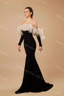 Black Evening Off Shoulder Tiered Ruffles Dress