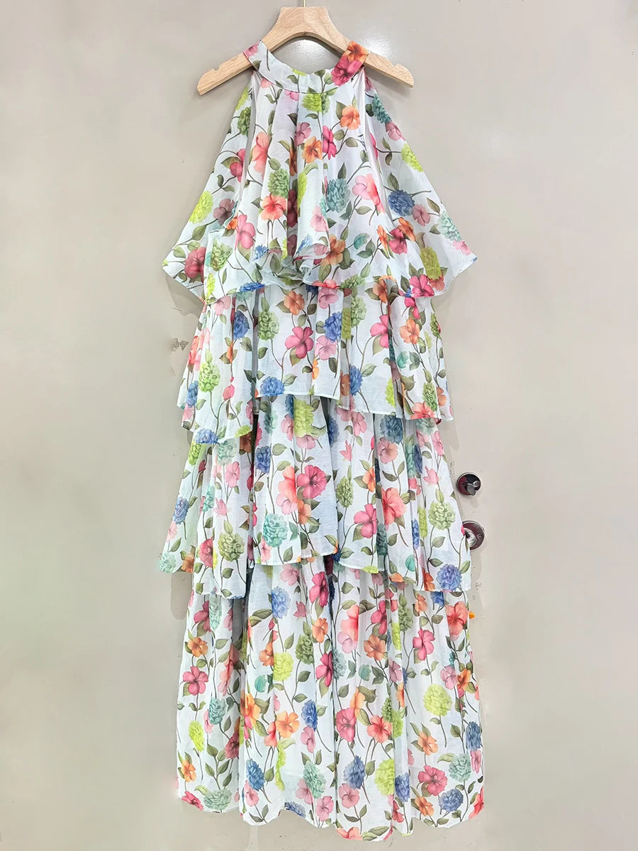 Printed Loose Spliced Ruffles Dresses