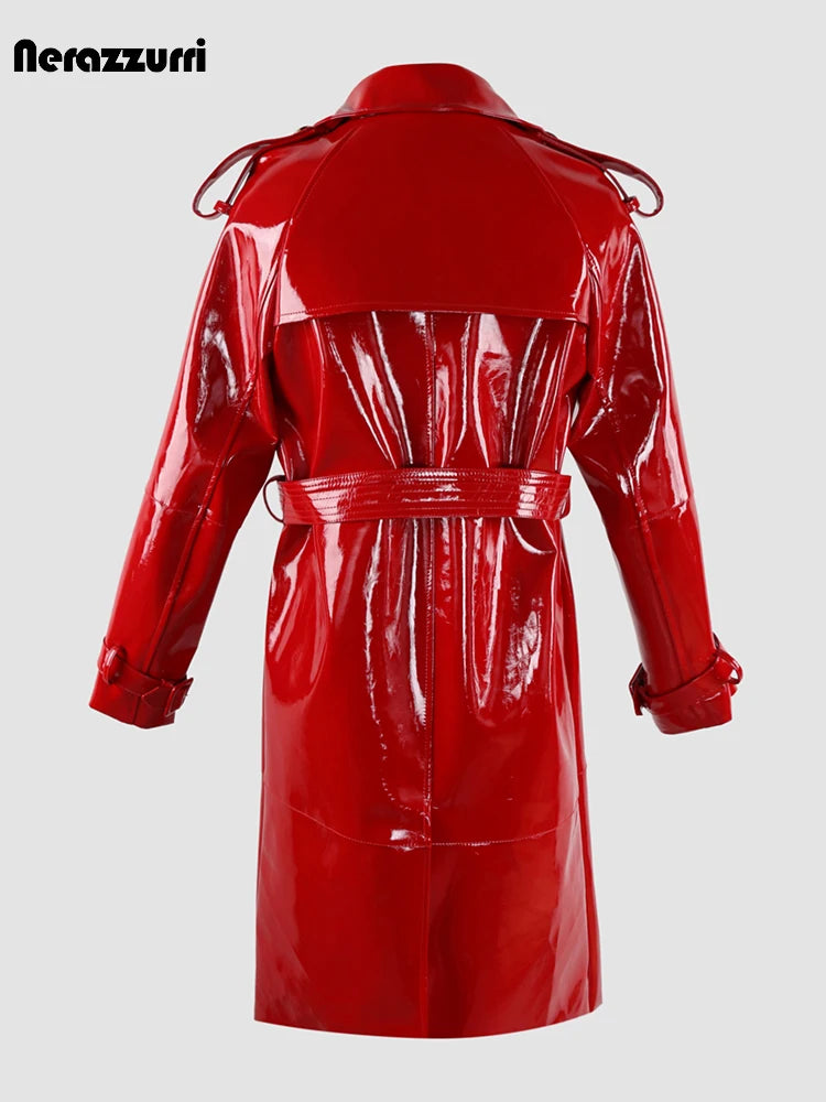 Shiny Red Patent Leather Trench Coat