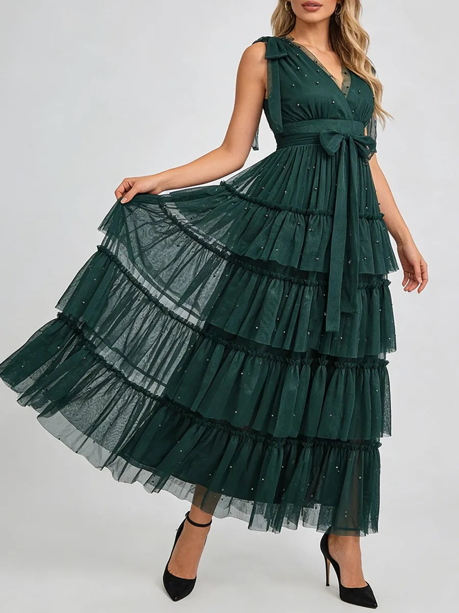 Spliced Ruffles Folds Long Dresses