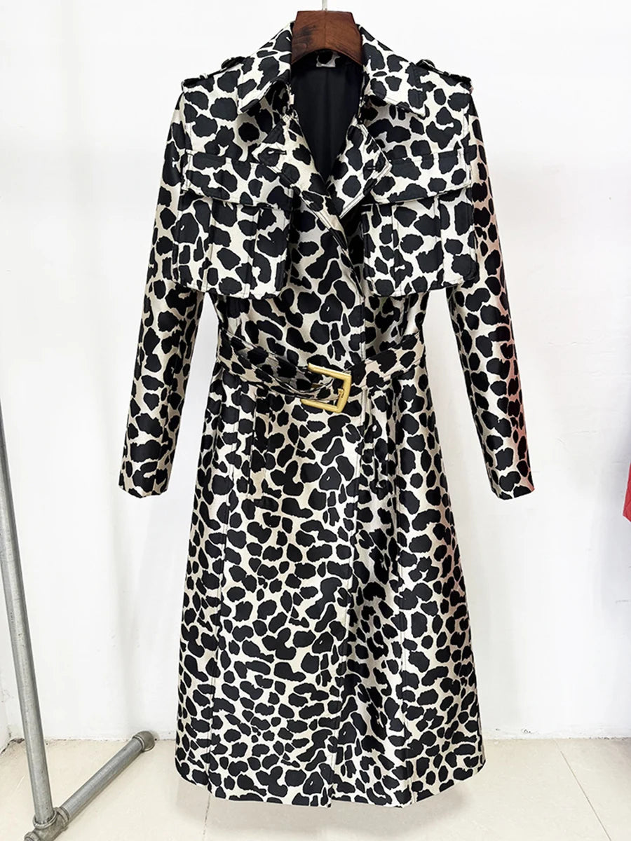 Leopard Slimming Spliced Belt Fashion Trench