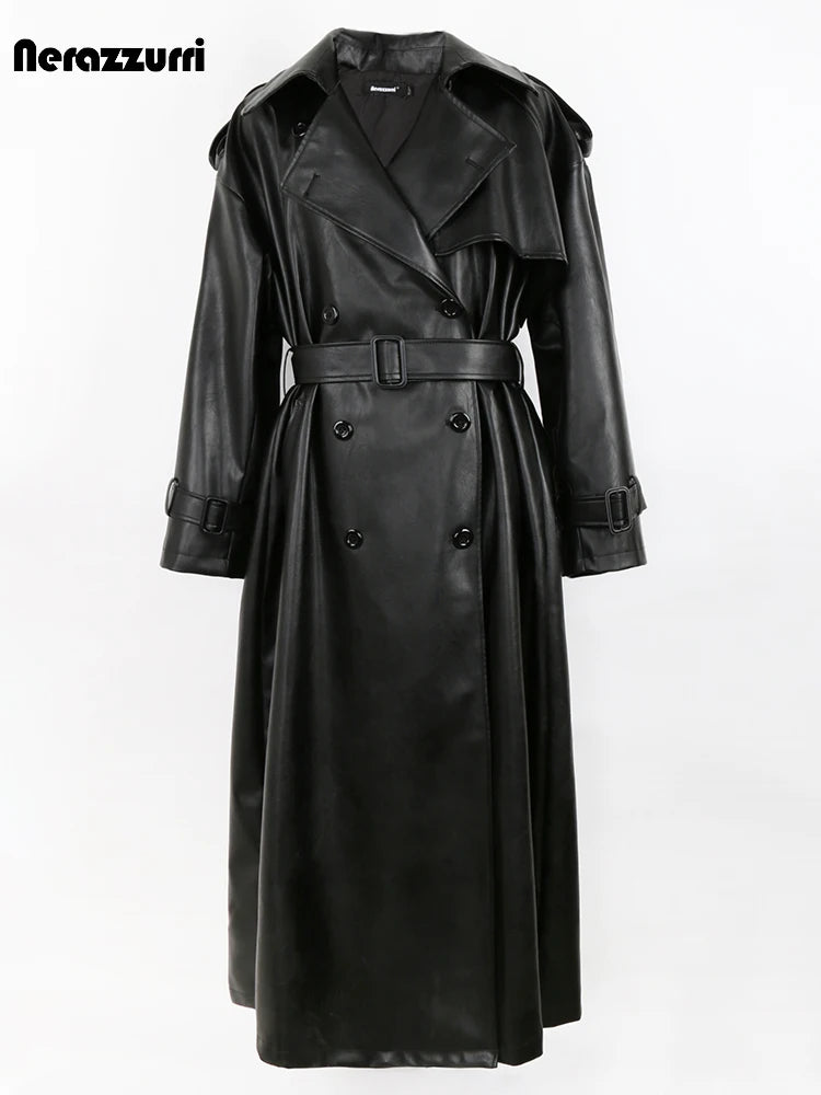 Long Oversized Black Leather Trench Coat