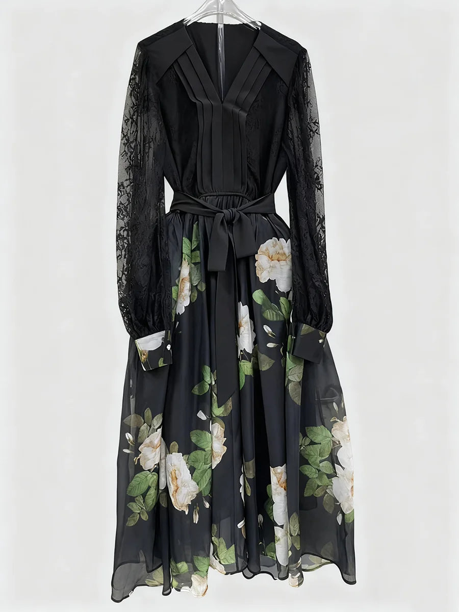 Printing Sheer Spliced Lace Up Dresses