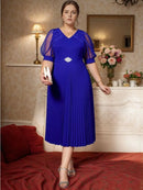 Plus Size Sheer Puff Sleeves with Rhinestone Dress