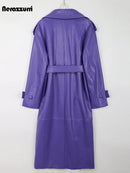 Long Purple Faux Leather Trench Coat