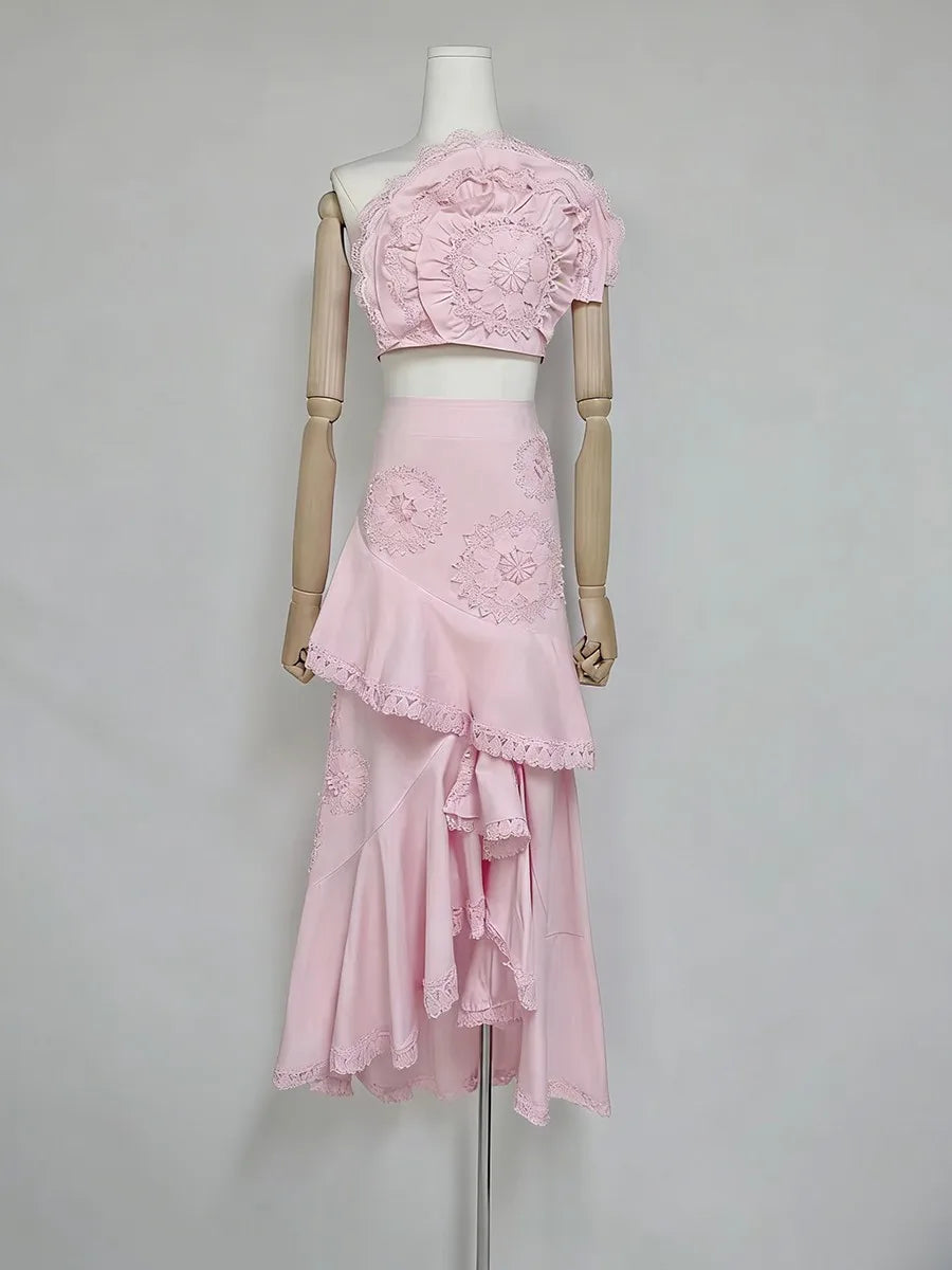 Embroidery Two Piece Ruffles Skirt Sets