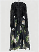 Printing Sheer Spliced Lace Up Dresses