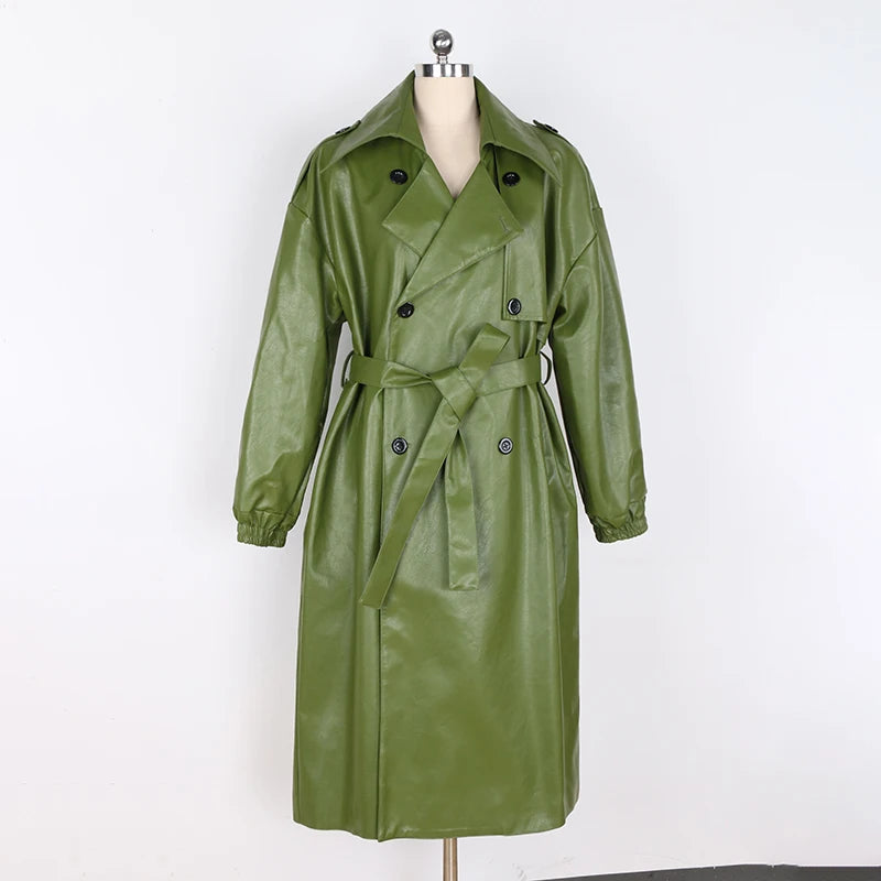 Long Green Hard Leather Trench Coat