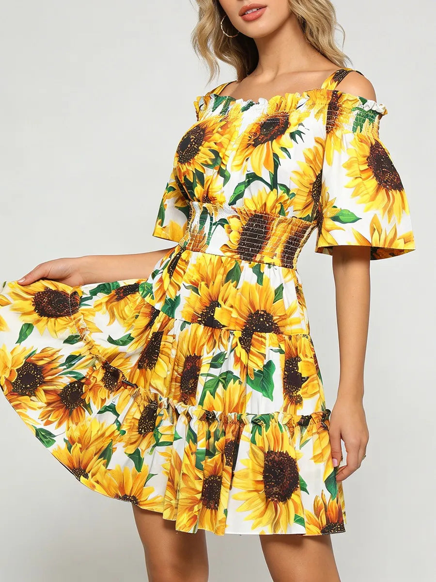 Sunflower Print Folds Dresses