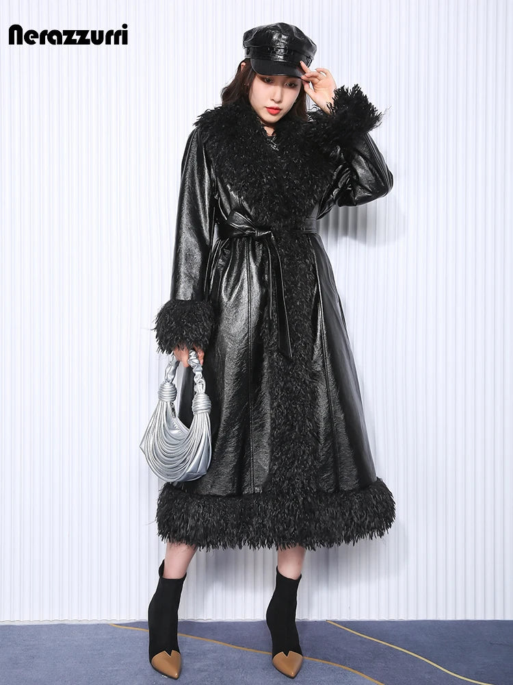 Long Loose Black Quilted Leather Coat