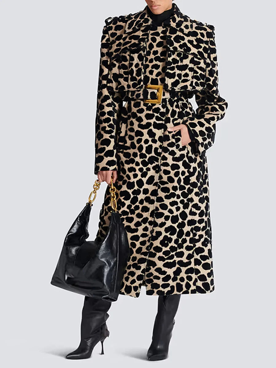 Leopard Slimming Spliced Belt Fashion Trench