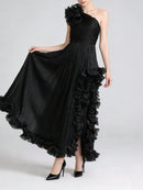 Black Spliced Fungus Folds Irregular Long Dress