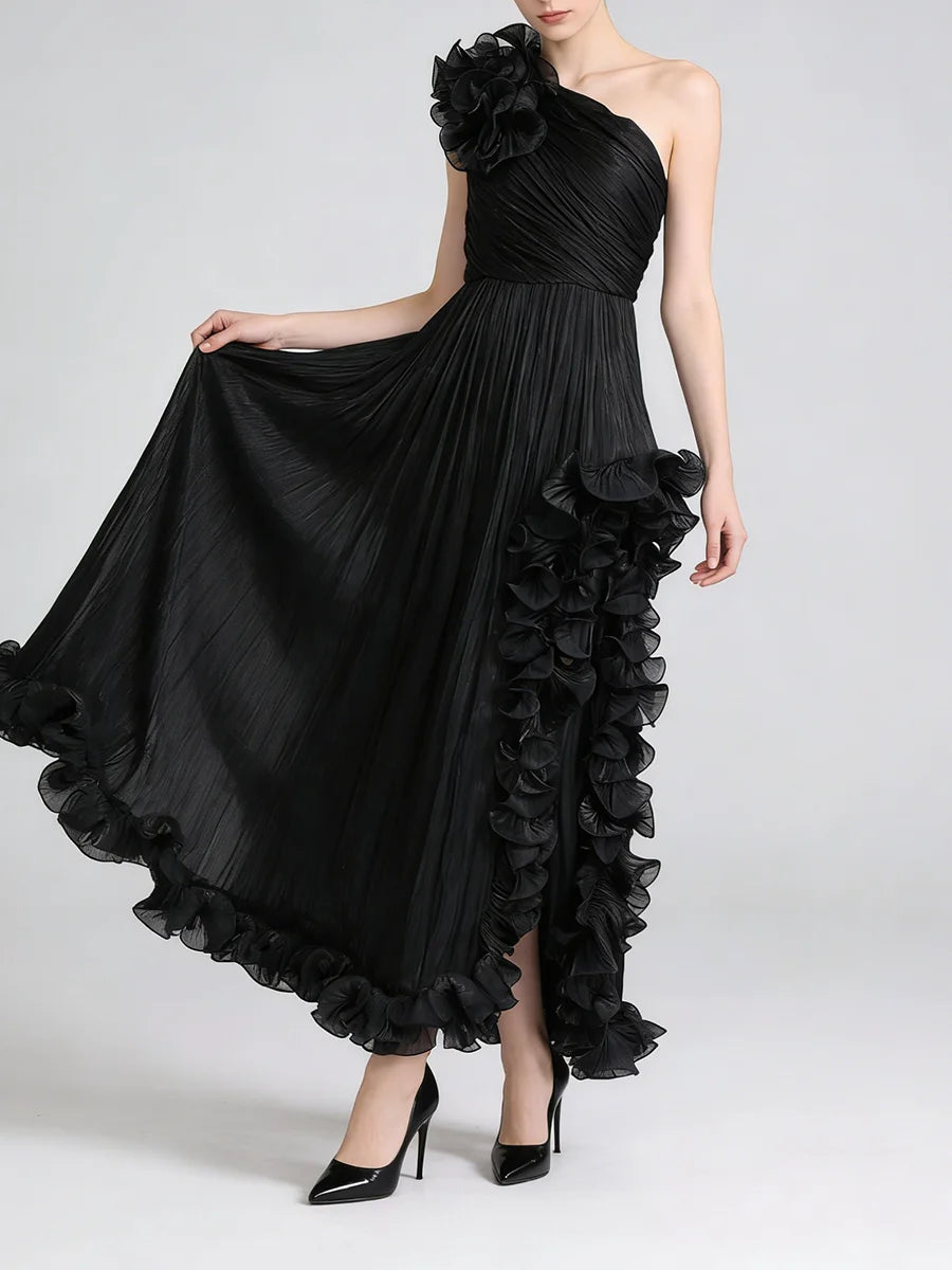 Black Spliced Fungus Folds Irregular Long Dress