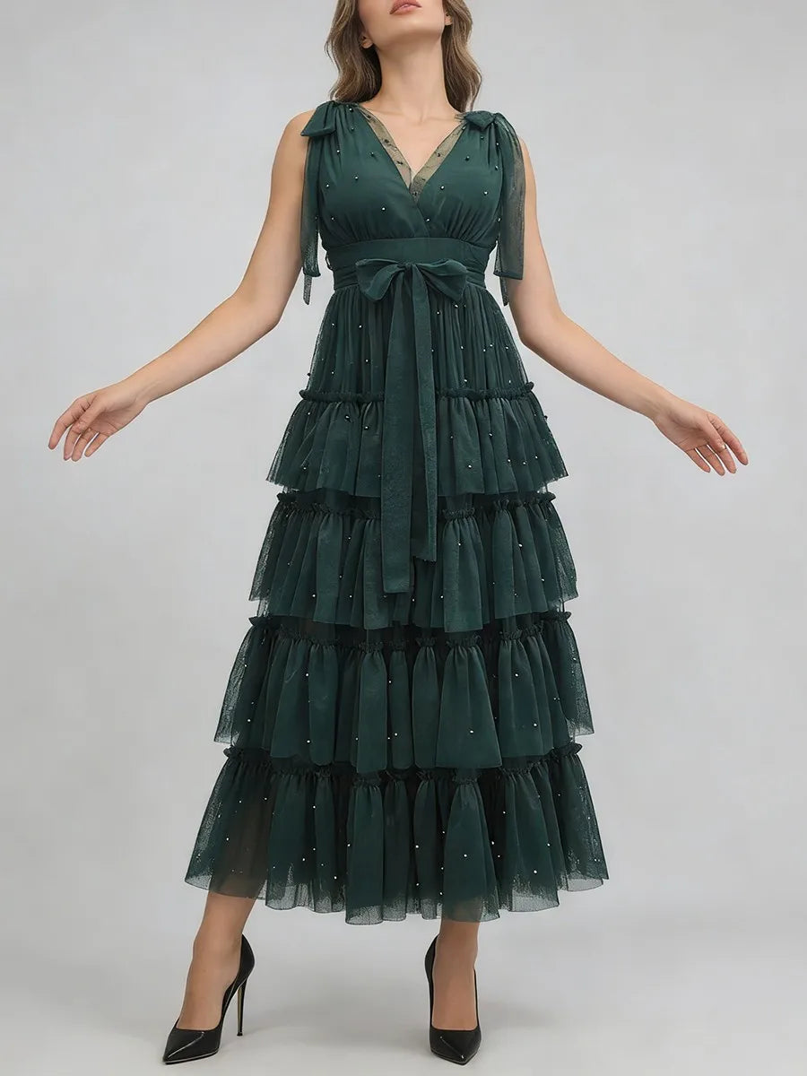 Spliced Ruffles Folds Long Dresses