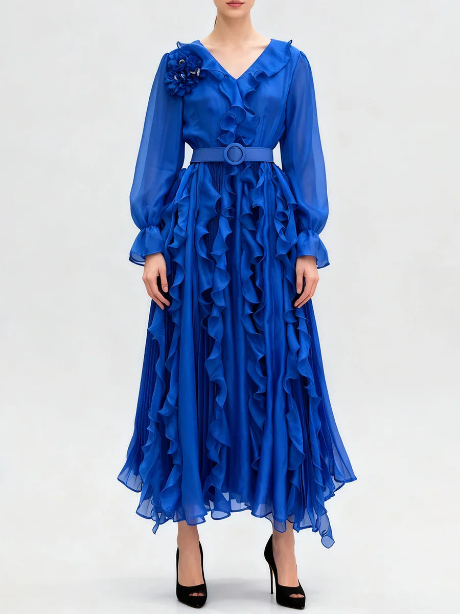 Solid Sheer Spliced Folds Dresses