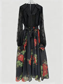 Printing Sheer Spliced Lace Up Dresses