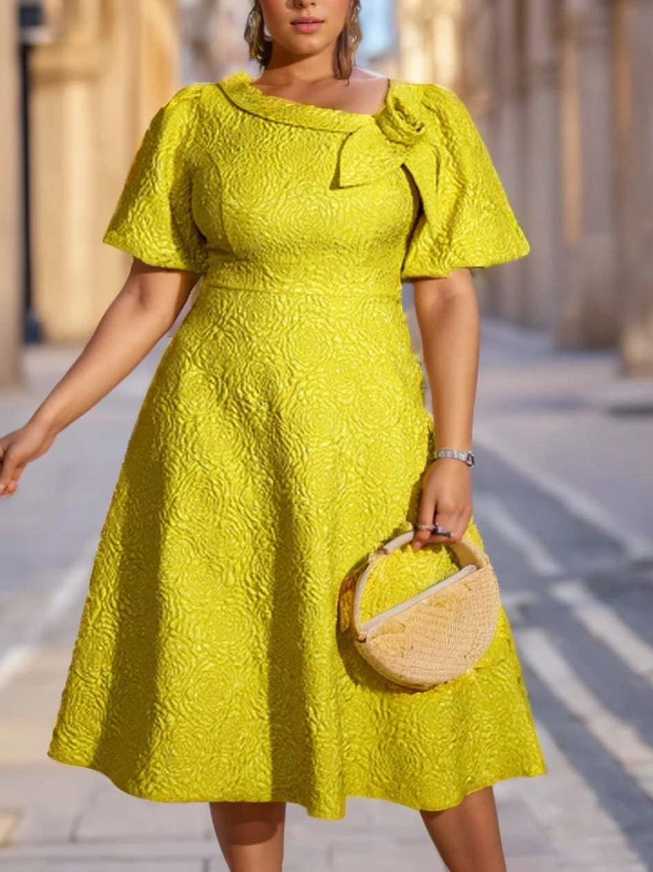 Plus Size Yellow Jacquard A-Line Dress Flower