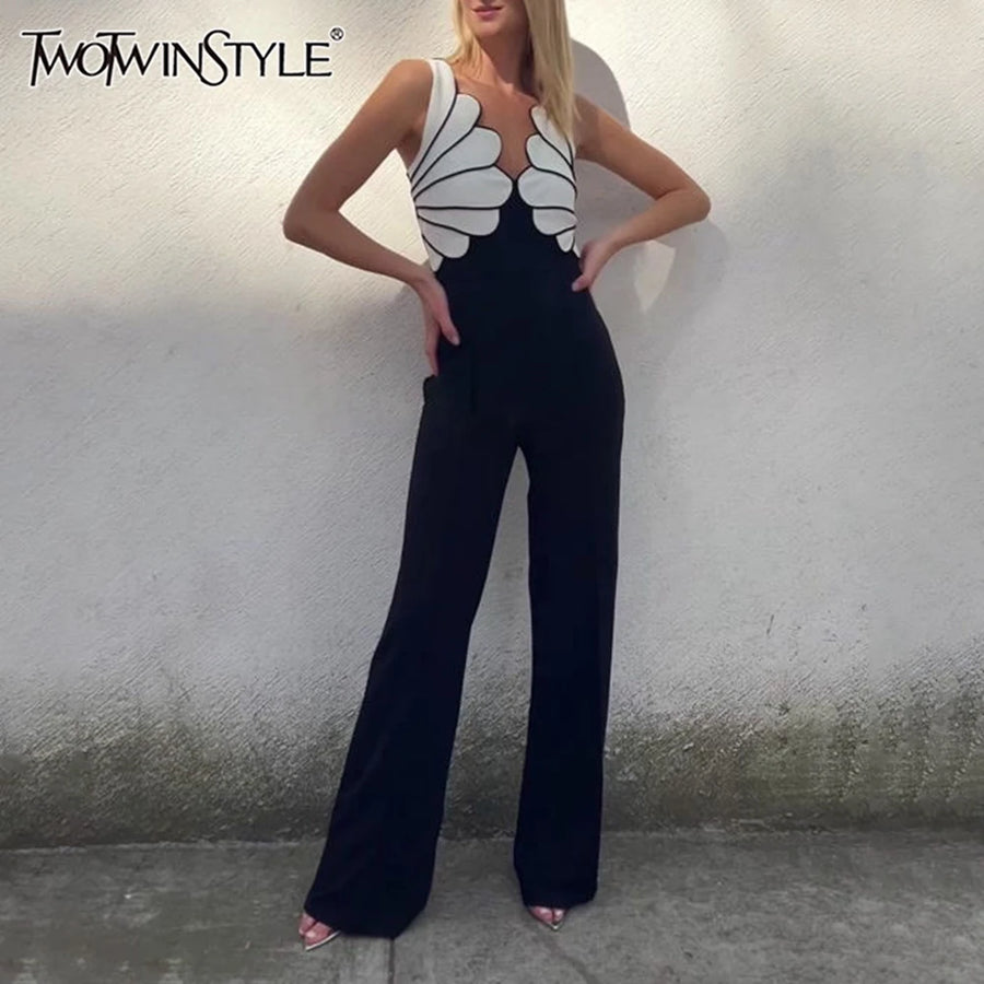 Hit Color Loose Spliced Appliqués Jumpsuits