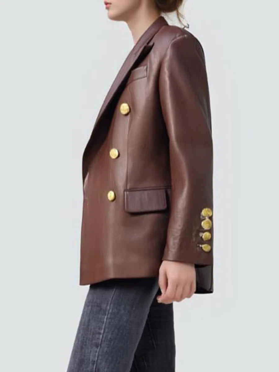 Double Breasted  Leather Blazer For Women