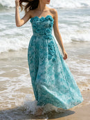 Blue Loose Spliced Flowers Dresses