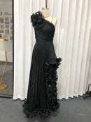 Black Spliced Fungus Folds Irregular Long Dress