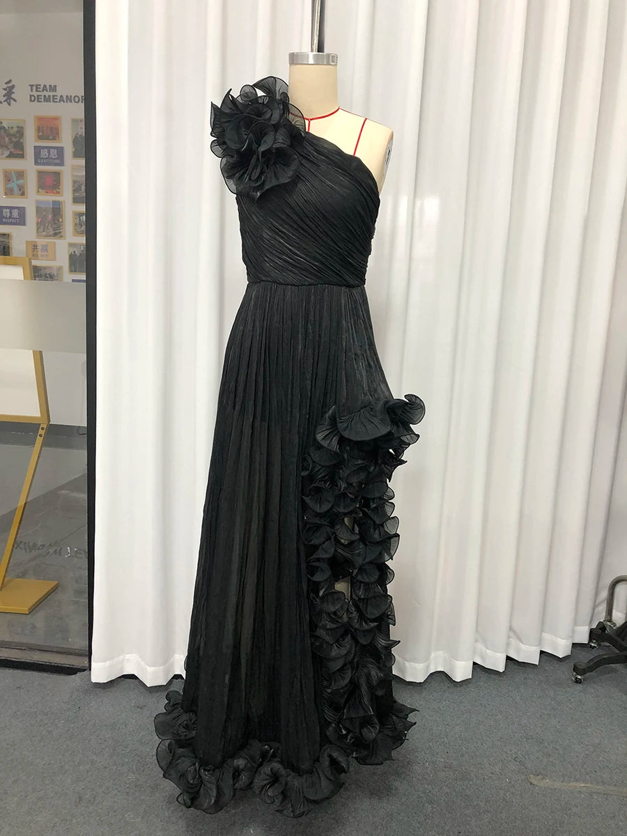 Black Spliced Fungus Folds Irregular Long Dress