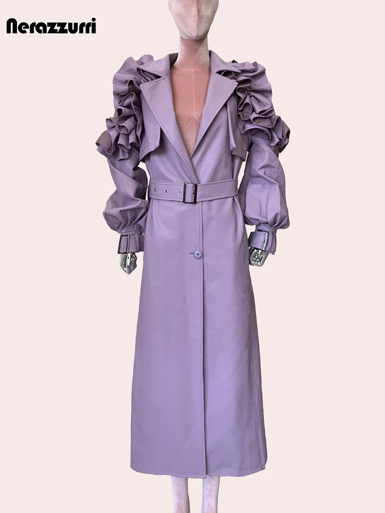 Long Ruffled Purple Leather Trench Coat