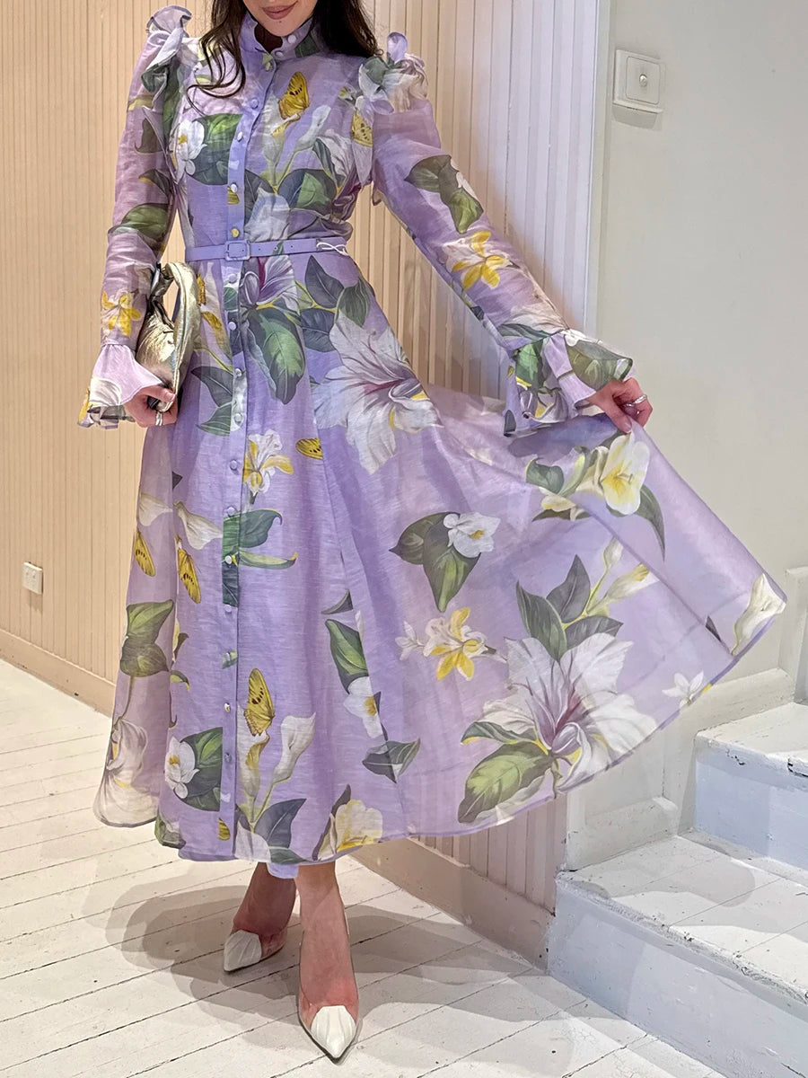 Printed Spliced Ruffles Folds Dresses