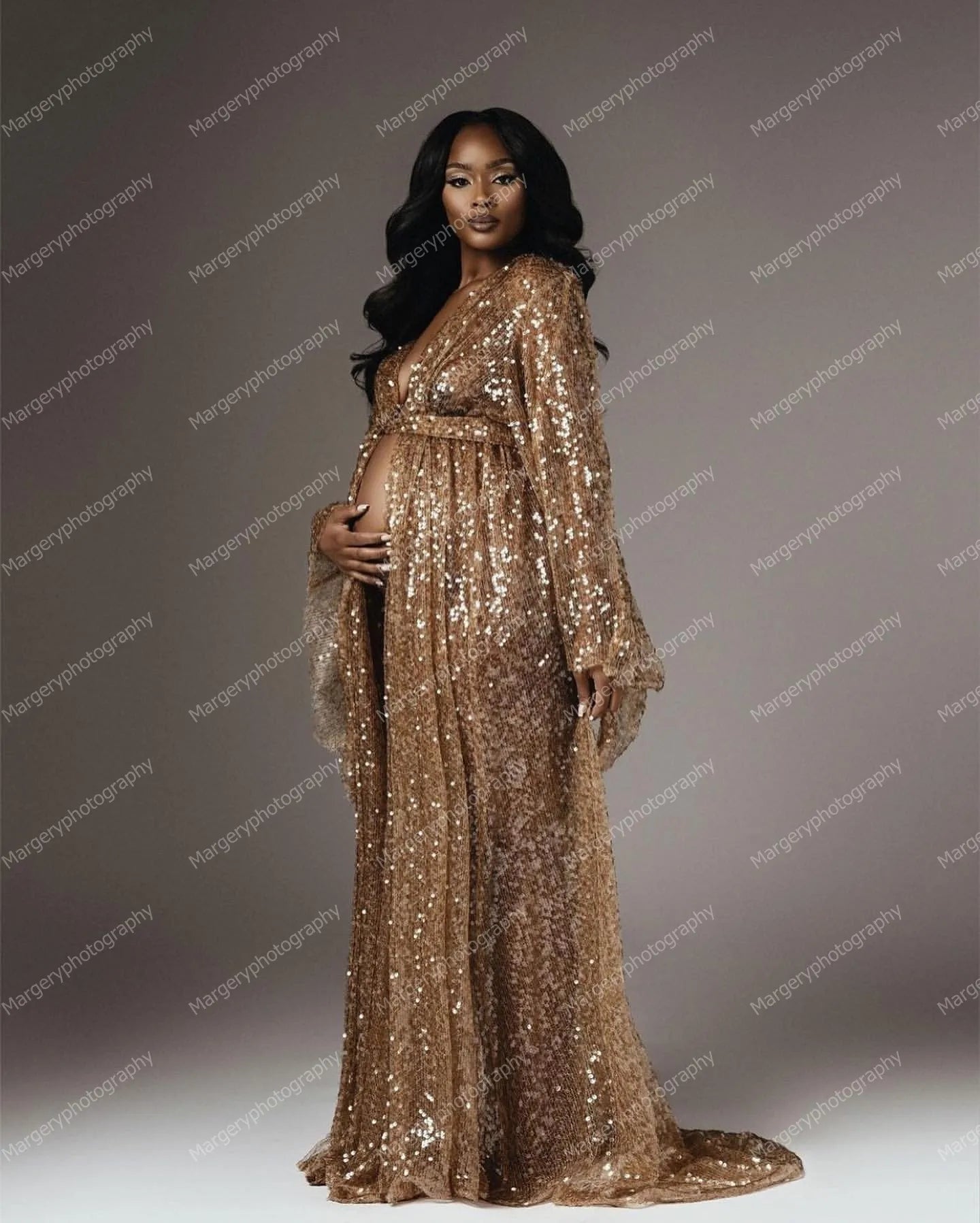 Glitter Sequined Long Maternity Dress For Photo Shoot Elegant V-neck Full Sleeves Pregnant Women Gowns Open Front Ladies Dress