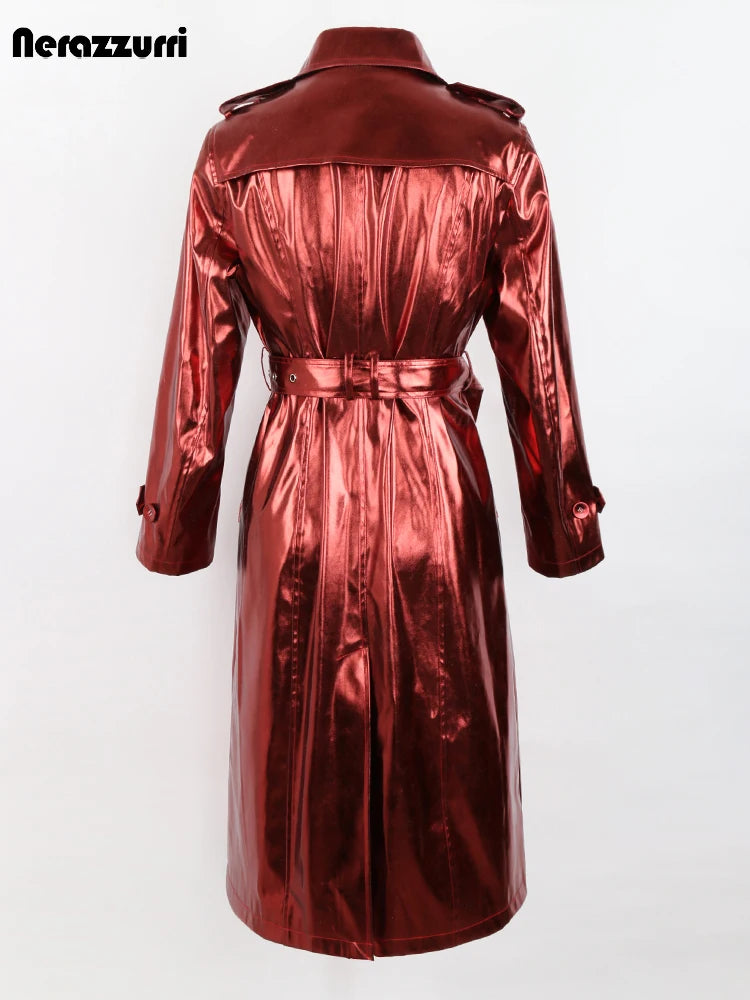 Shiny Reflective Patent Leather Trench Coat