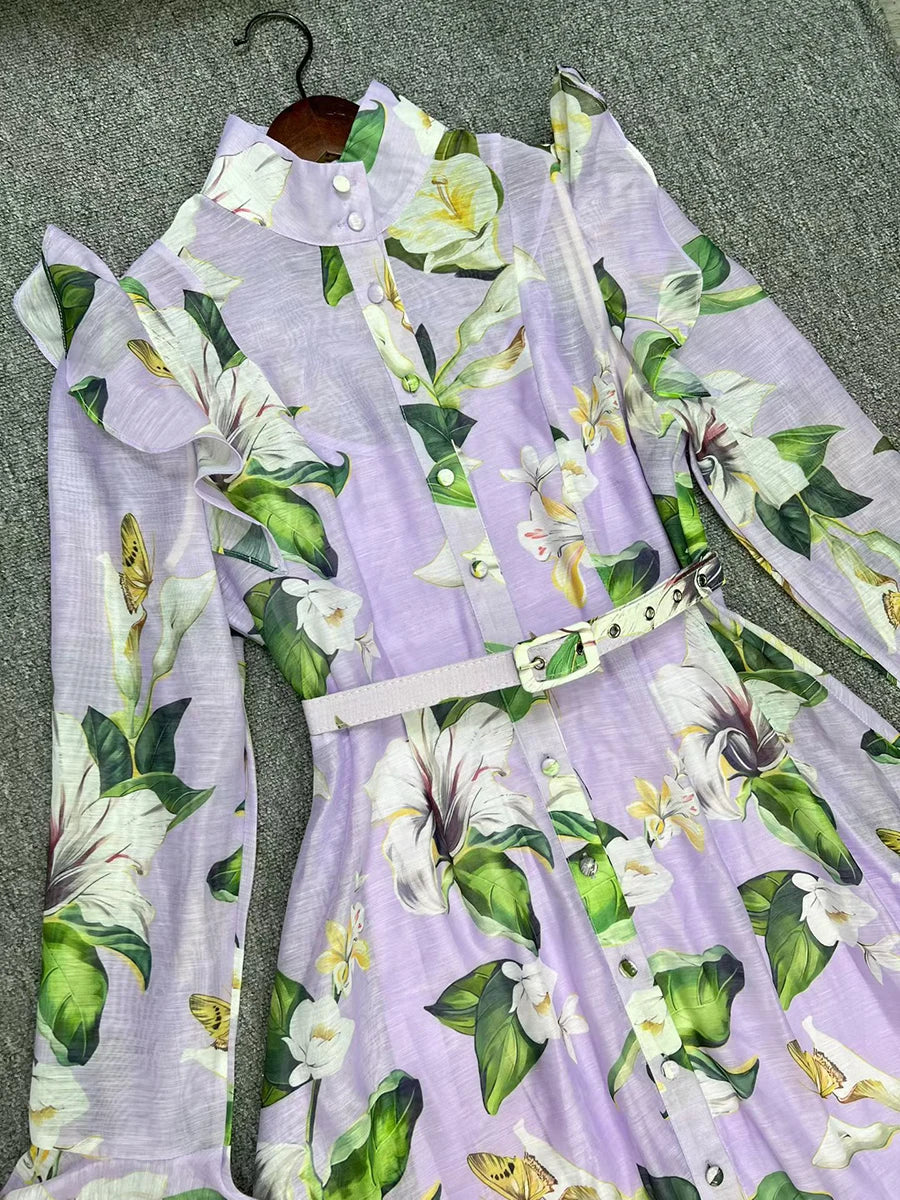 Printed Spliced Ruffles Folds Dresses