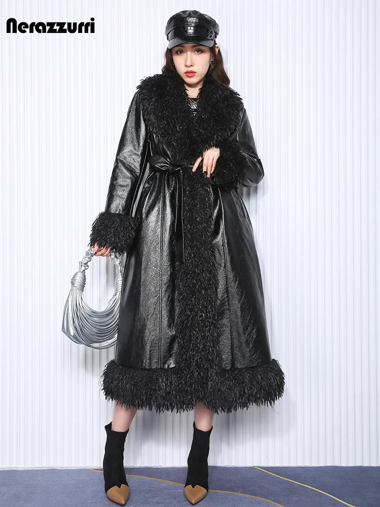 Long Loose Black Quilted Leather Coat