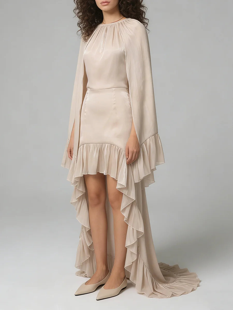 TWOTWINSTYLE Fashion Spliced Ruched Irregular Long Dress for Women Round Neck Sleeveless Tunic Patchwork Cloak Dresses Female