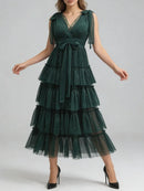 Spliced Ruffles Folds Long Dresses