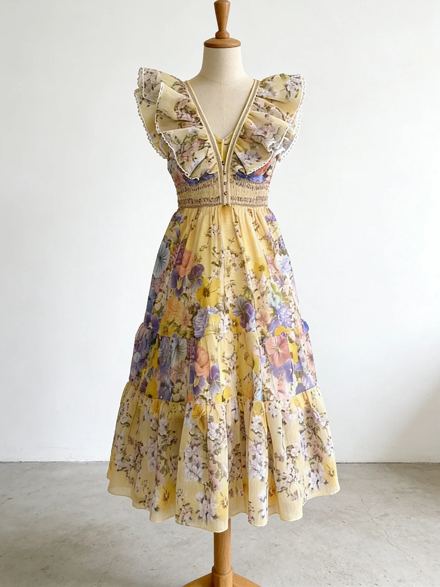 Printing Spliced Ruffles Folds Long Dresses
